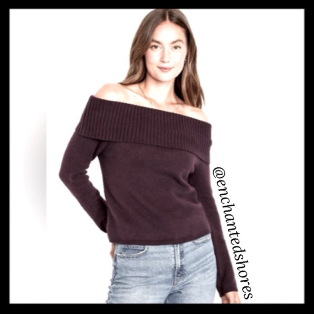 Sexy Off The Shoulder Sweater Ribbed Neck Long Sleeve Knit Black Size Medium